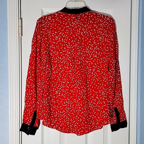 Anthropologie Maeve sz 6 Button Down Polka Dot Blouse Shirt Navy Red Long Sleev - Picture 9 of 14